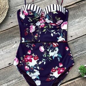 Vivid Floral and Stripe One-Piece Swimsuit